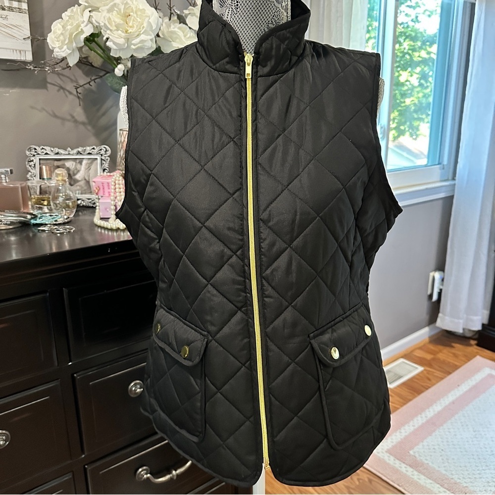 St. John’s Bay Quilted Black Puffer Vest with Gold Zip & Pockets Size M - Picture 2 of 14